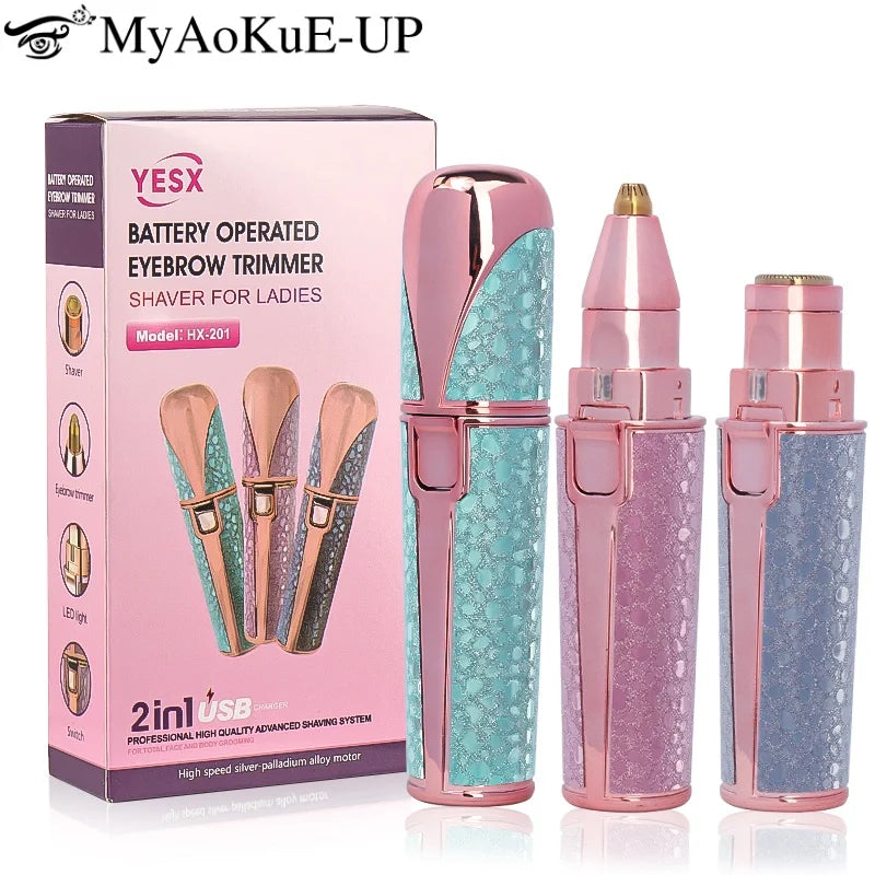 2 in 1 Electric Eyebrow Trimmer and Shaver, Rechargeable Hair Remover for All Parts Use in Pen Flawless Hair Remover Rechargeable Painless-Precision Eyebrow Trimmer and Eyebrow Razor Tool with LED Light for Face, Lips, Nose, Chin, Arm